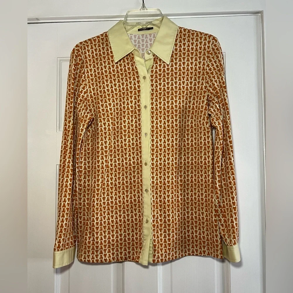 J. MCLAUGHLIN • ORANGE & CREAM CHAIN BLOUSE • EUC